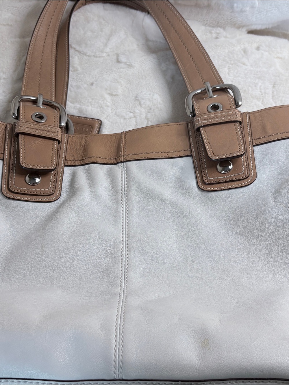 Vintage Coach 13733 Ivory Leather Large Tote Shoulder Bag Taupe Trim - Picture 2 of 16